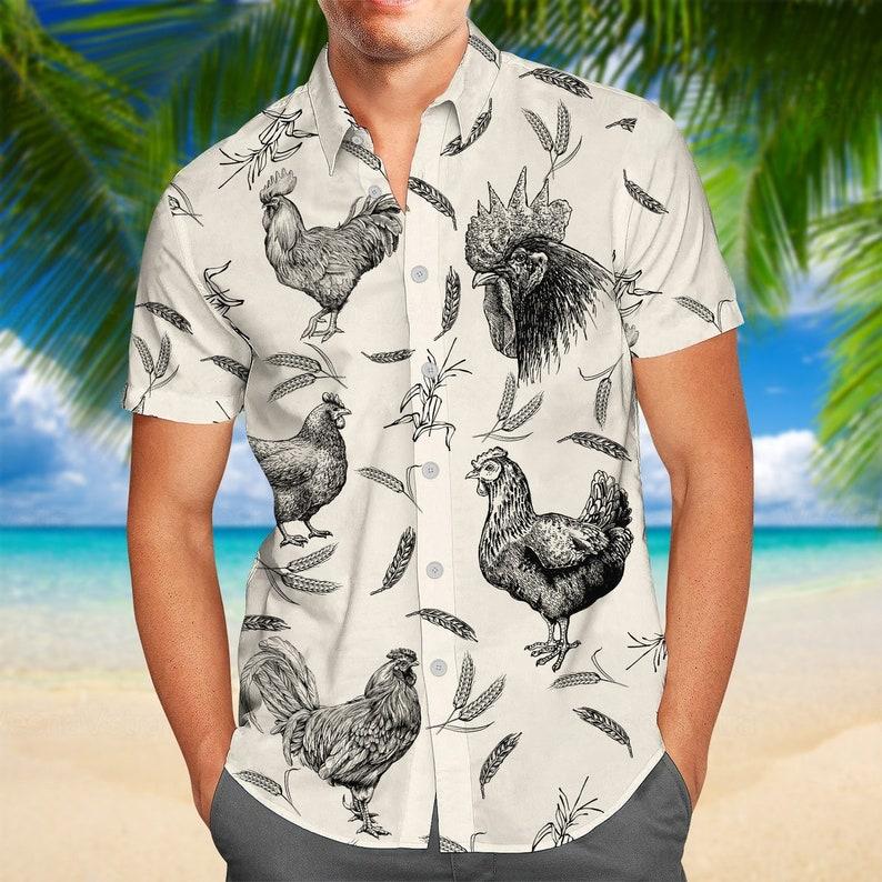 Chicken Hawaiian Shirt, Chicken Shirt, Rooster Hawaii Shirt, Rooster Shirts For Men, Rooster Button Shirt, Rooster Shirt, Button Up Shirt   Menswear Short Shortsleeve