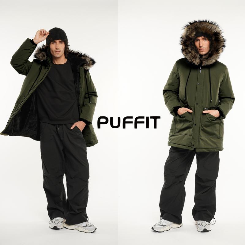 PUFFIT Unisex Faux Fur Mid-Length Hooded Parka With Large Pockets Unisex Coats, Winter Warm Basic Long Sleeve Women's and Men‘s Tops