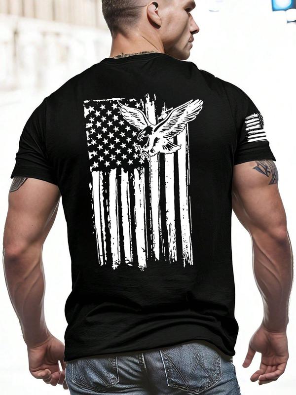 Men's Eagle & Striped Print Round Neck Tee, Regular Fit Casual Short Sleeve Crew Neck T-Shirt for Summer, Fashion Men's Top for Daily Wear