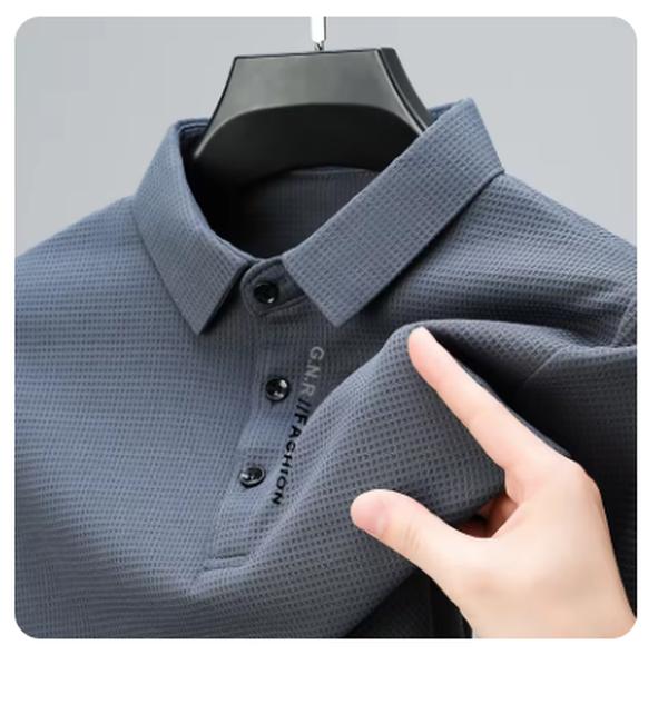 Men's Waffle Long Sleeved POLO Shirt with Letter Printed Lapel Casual Top