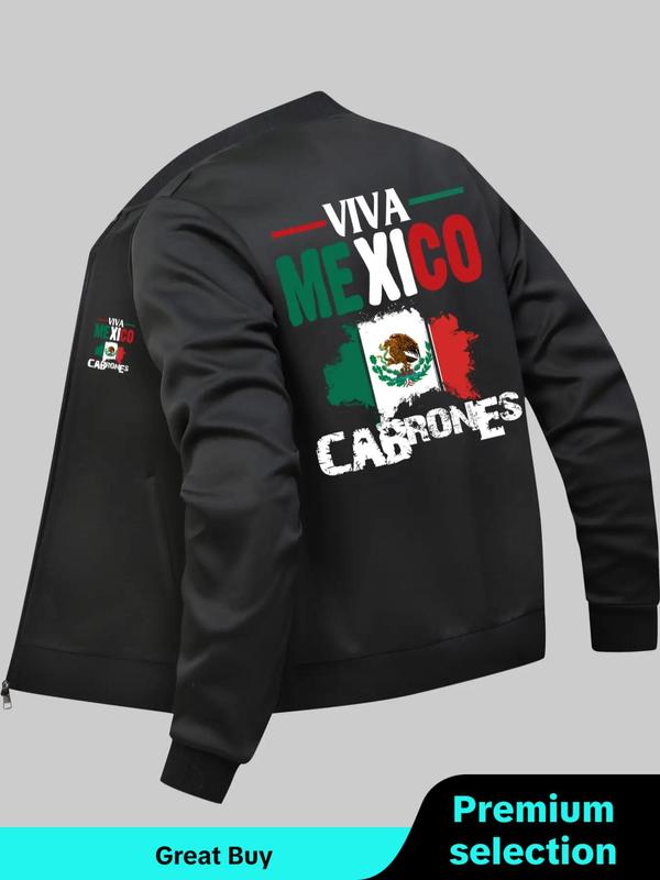 Men's Mexico Flag & Letter Print Zip Up Jacket, Regular Fit Casual Long Sleeve Pocket Outerwear for Daily Wear, Winter Jacket, Fashion Men's Clothes for All Seasons