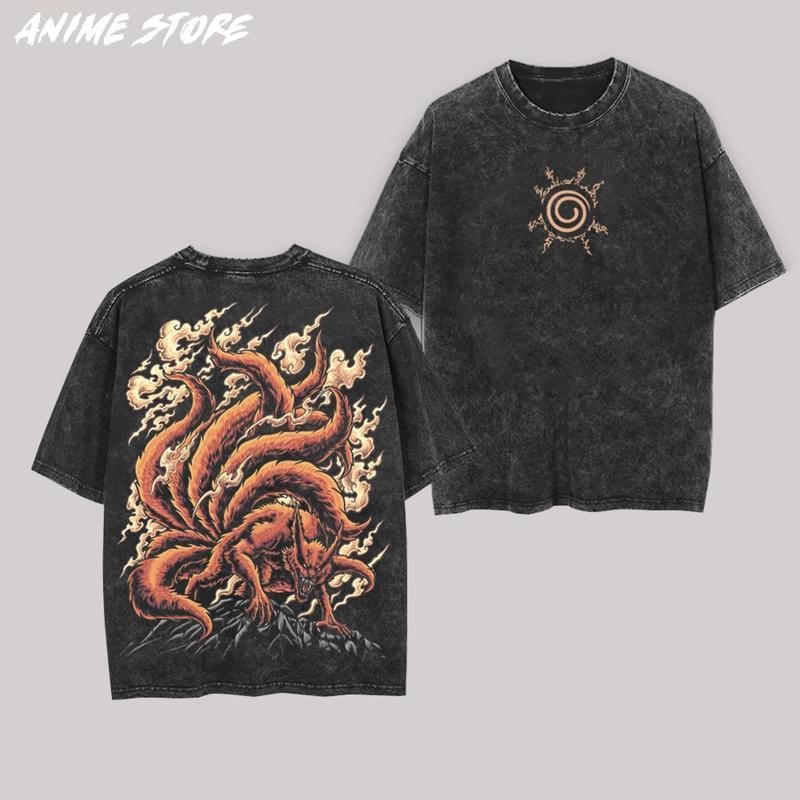 Jinchuriki Kurama Nine Tailed Fox Naruto Shippuden Retro Vintage Unisex Anime Manga Acid Washed Lightweight Cotton T-shirt, Anime Clothing