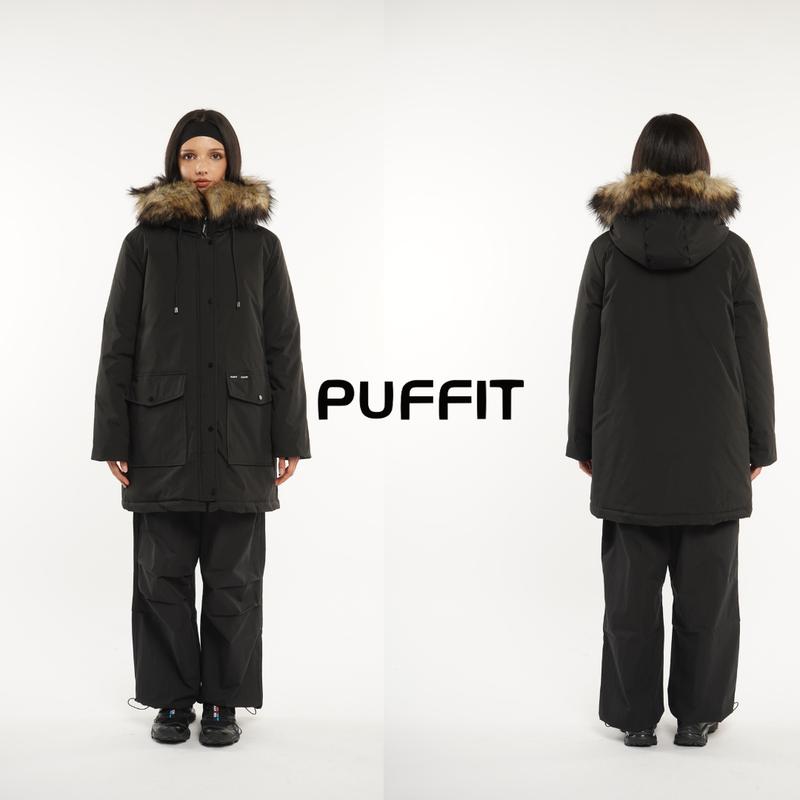 PUFFIT Unisex Faux Fur Mid-Length Hooded Parka With Large Pockets Unisex Coats, Winter Warm Basic Long Sleeve Women's and Men‘s Tops