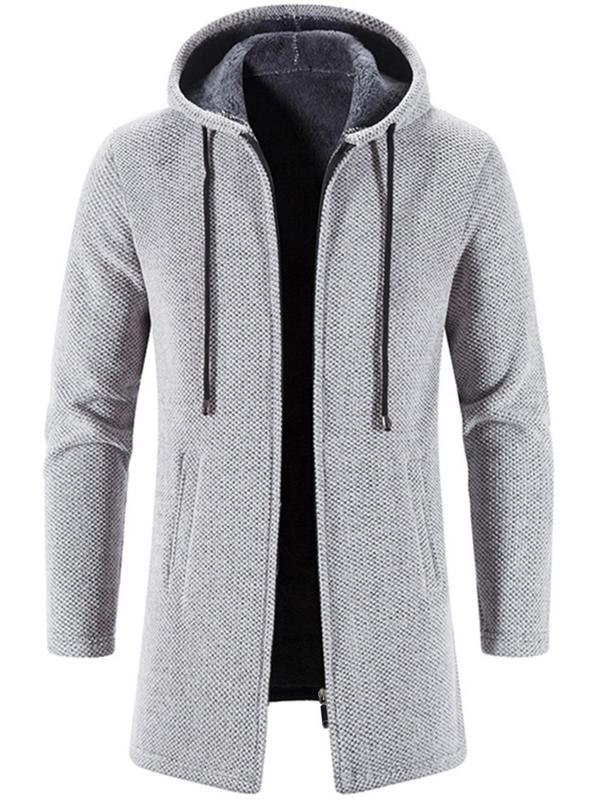 Men's Solid Drawstring Zip Up Hooded Cardigan, Casual Regular Fit Long Sleeve Zip Front Outerwear for Fall & Winter, Men's Clothes for Daily Wear