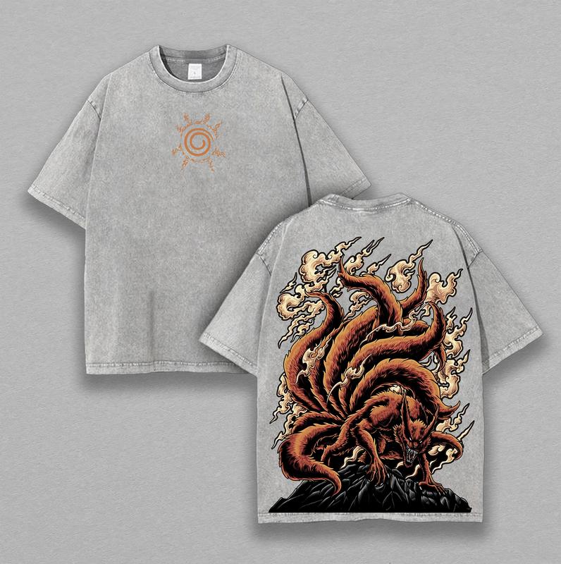 Jinchuriki Kurama Nine Tailed Fox Naruto Shippuden Retro Vintage Unisex Anime Manga Acid Washed Lightweight Cotton T-shirt, Anime Clothing