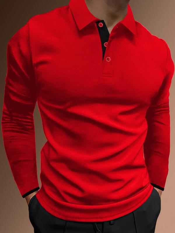 Men's Regular Fit Contrast Binding Button Front Polo Shirt, Men's Clothing Outfits, Casual Long Sleeve Half Placket Collared Top for Summer, Streetwear, Menswear for Daily Wear