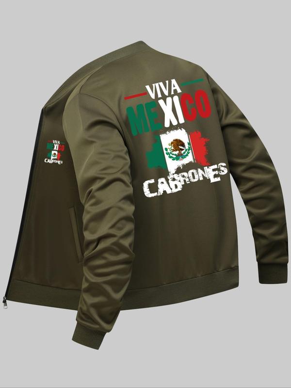 Men's Mexico Flag & Letter Print Zip Up Jacket, Regular Fit Casual Long Sleeve Pocket Outerwear for Daily Wear, Winter Jacket, Fashion Men's Clothes for All Seasons