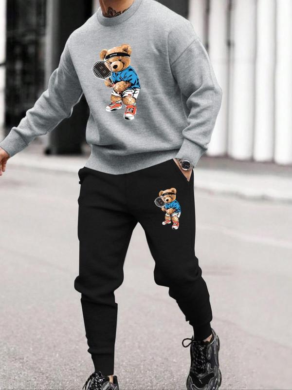 Two-Piece Set Men's Cartoon Bear Print Sweatshirt & Pocket Sweatpants Set, Casual Long Sleeve Round Neck Pullover & Elastic Waist Pants, Two-piece Outfits for Fall & Winter