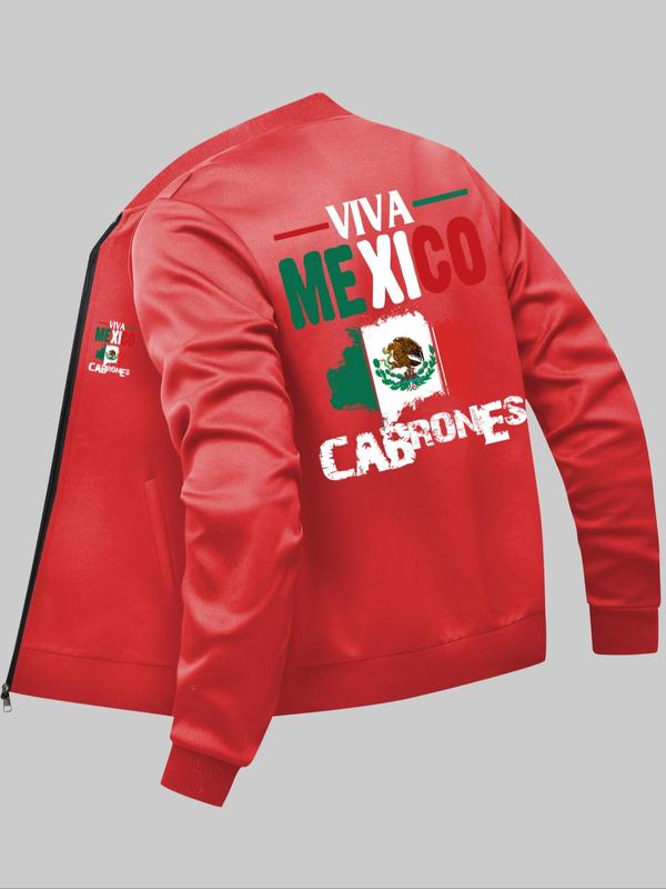 Men's Mexico Flag & Letter Print Zip Up Jacket, Regular Fit Casual Long Sleeve Pocket Outerwear for Daily Wear, Winter Jacket, Fashion Men's Clothes for All Seasons