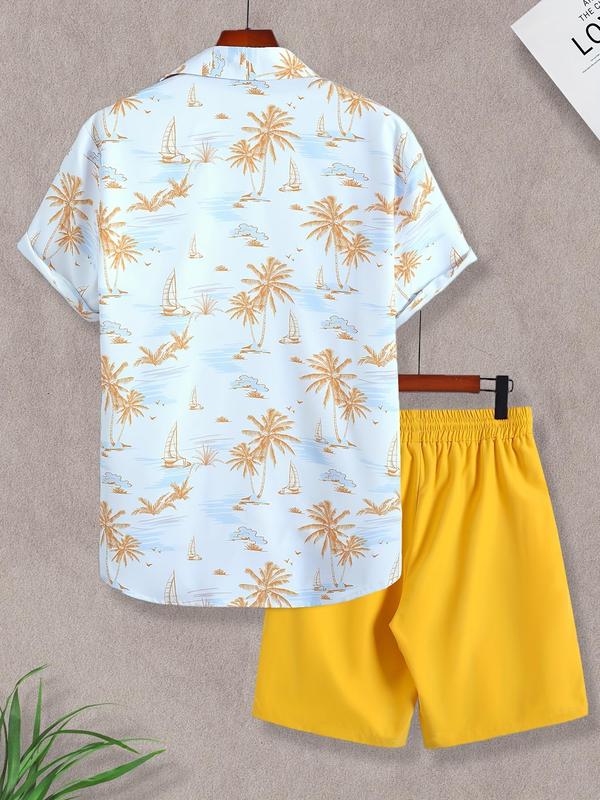 Two-Piece Set Men's Coconut Tree Print Shirt & Plain Drawstring Pocket Shorts Set, Regular Fit Casual Short Sleeve Hawaiian Shirt & Shorts, Summer Clothes for Men