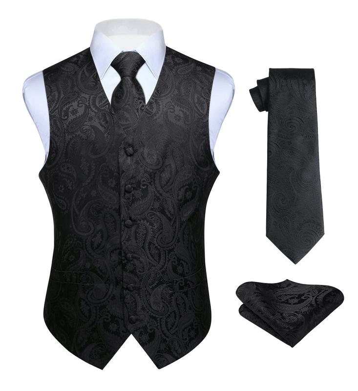 Mens Vest Tie Set 3PC Formal Waistcoat Paisley Floral Jacquard Necktie Pocket Square Suit Vests Wedding Party Menswear Clothing