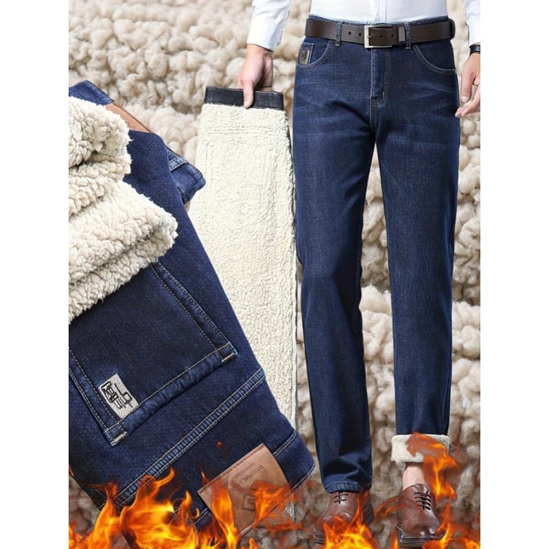 1pc Men's Regular Fit Straight Leg Cotton Blend Fleece-Lined Jeans - Geometric Washed Pattern, Work Casual Style, for Fall Winter, Polyester and Elastane - Geng Yuan Shi Xuan Brand