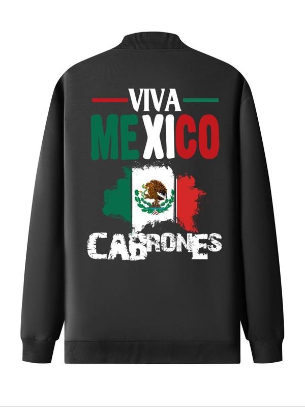 Men's Mexico Flag & Letter Print Zip Up Jacket, Regular Fit Casual Long Sleeve Pocket Outerwear for Daily Wear, Winter Jacket, Fashion Men's Clothes for All Seasons