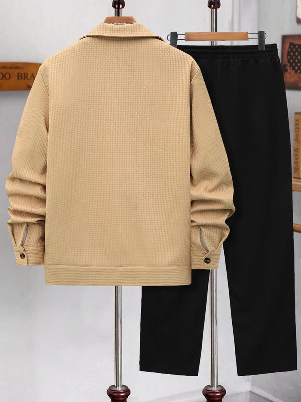 Two-Piece Set Men's Solid Color Button Front Flap Pocket Shirt & Drawstring Waist Pants, Regular Fit Casual Long Sleeve Collared Top & Trousers for Fall & Winter, Men's Two-piece Outfits for Daily Wear