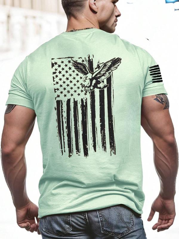 Men's Eagle & Striped Print Round Neck Tee, Regular Fit Casual Short Sleeve Crew Neck T-Shirt for Summer, Fashion Men's Top for Daily Wear