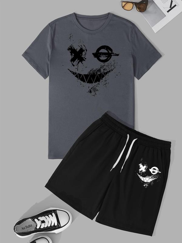 Two-Piece Set Men's Cartoon Print Tee & Drawstring Pocket Shorts Set, Regular Fit Streetwear Crew Neck Short Sleeve T-Shirt & Elastic Waist Track Shorts, Men's Clothes for Summer