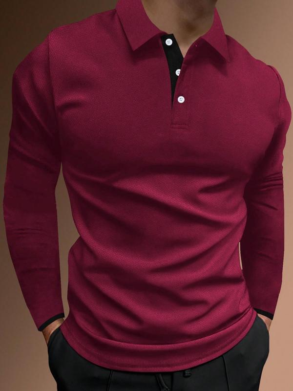 Men's Regular Fit Contrast Binding Button Front Polo Shirt, Men's Clothing Outfits, Casual Long Sleeve Half Placket Collared Top for Summer, Streetwear, Menswear for Daily Wear