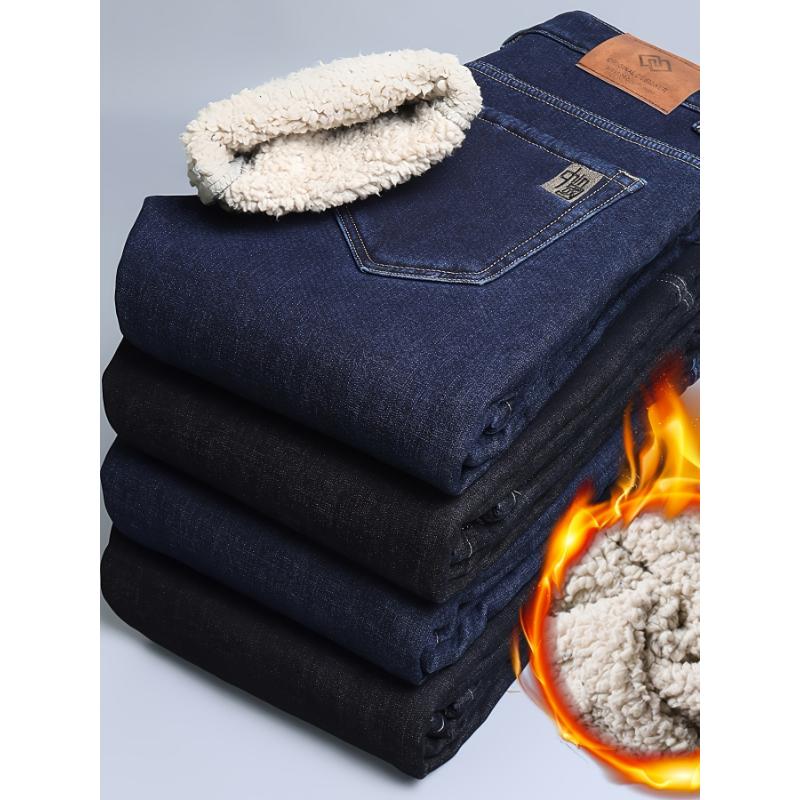 1pc Men's Regular Fit Straight Leg Cotton Blend Fleece-Lined Jeans - Geometric Washed Pattern, Work Casual Style, for Fall Winter, Polyester and Elastane - Geng Yuan Shi Xuan Brand