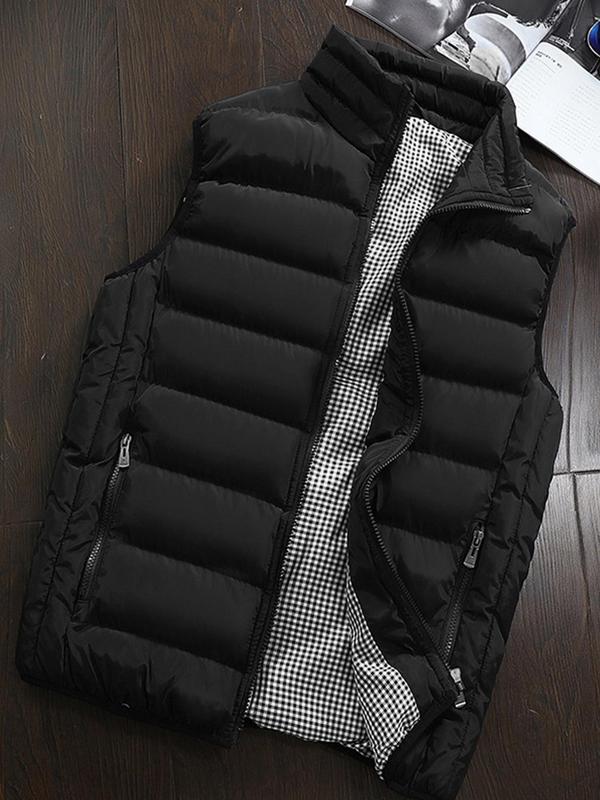 Men's Solid Zip Up Pocket Gilet, Regular Fit Casual Stand Collar Thermal Sleeveless Outerwear for Fall & Winter, Men's Clothes for Daily Wear