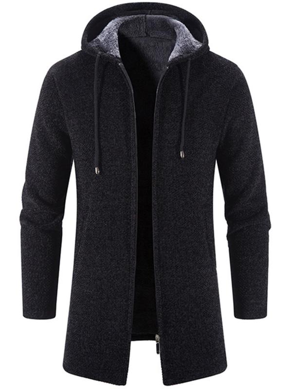 Men's Solid Drawstring Zip Up Hooded Cardigan, Casual Regular Fit Long Sleeve Zip Front Outerwear for Fall & Winter, Men's Clothes for Daily Wear