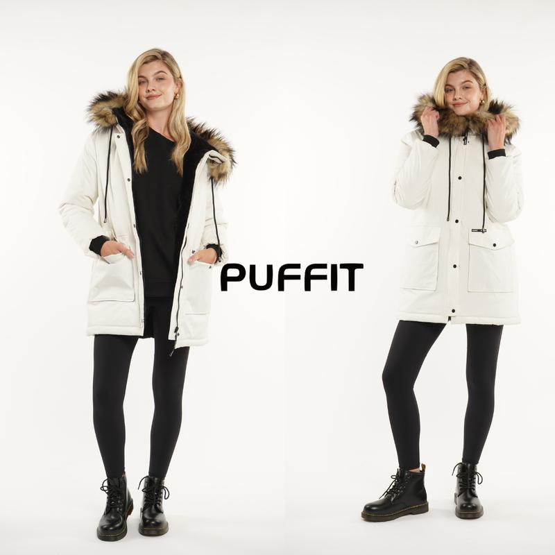 PUFFIT Unisex Faux Fur Mid-Length Hooded Parka With Large Pockets Unisex Coats, Winter Warm Basic Long Sleeve Women's and Men‘s Tops