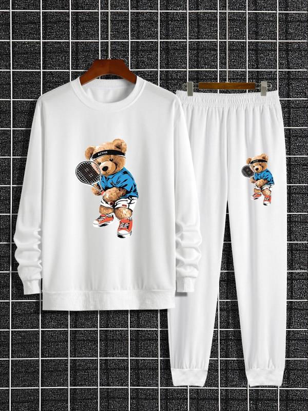 Two-Piece Set Men's Cartoon Bear Print Sweatshirt & Pocket Sweatpants Set, Casual Long Sleeve Round Neck Pullover & Elastic Waist Pants, Two-piece Outfits for Fall & Winter