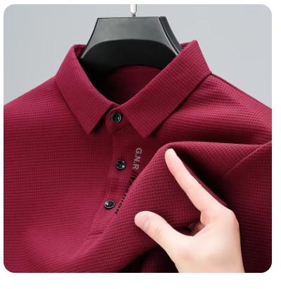 Men's Waffle Long Sleeved POLO Shirt with Letter Printed Lapel Casual Top