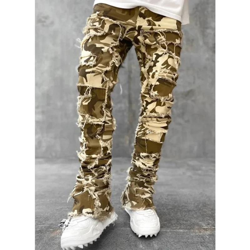 High Street White Men's Stacked Jeans Stretched Patchwork Tassel Damaged Denim Full Length Pants Hip-pop Trousers For Male