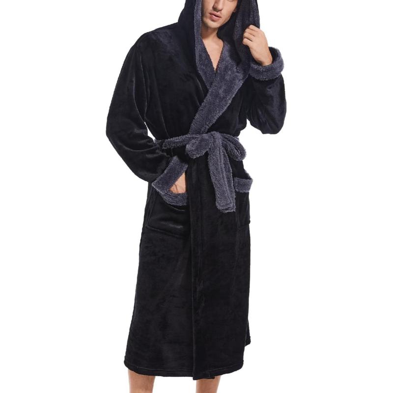 Mens Hooded Robe, Plush Long Bath robes Cozy Warm Bathrobe Fuzzy male Spa Robe With Pockets Menswear Gowns