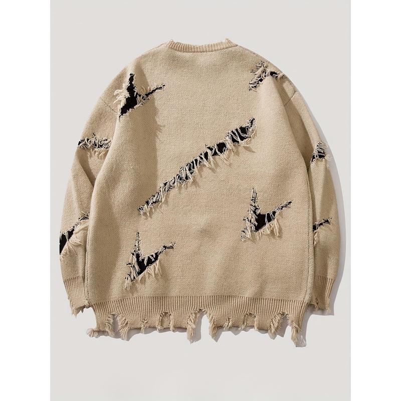 A Men's Leisure Ripped Sweater with Embroidered Letter Pattern, round Neck, Long Sleeves, Knitted Fabric, Medium Elasticity, Polyester Lining, Autumn and Winter Series