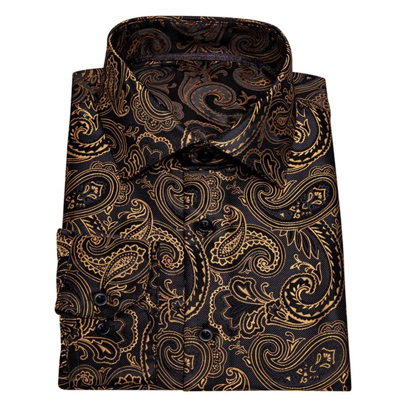 Self-Design Men's Paisley Floral Black Gold Color Long Sleeve Dress Shirt Luxury Formal Casual Printed Button Down Shirts Business Tops For Men