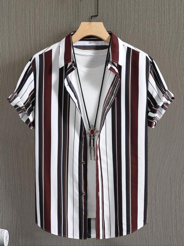 Men's Regular Fit Striped Print Button Front Shirt without Tee & Necklace, Casual Short Sleeve Collar Top for Summer, Fashion Men's Clothes