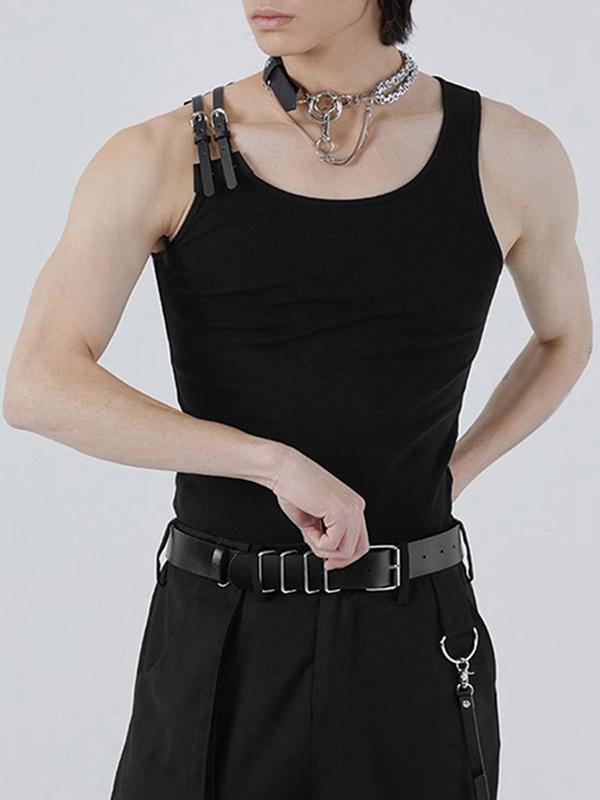 Men's Adjustable Buckle Round Neck Tank Top, Slim Street Sleeveless Vest Top, Streetwear Men's Clothing for Daily Wear