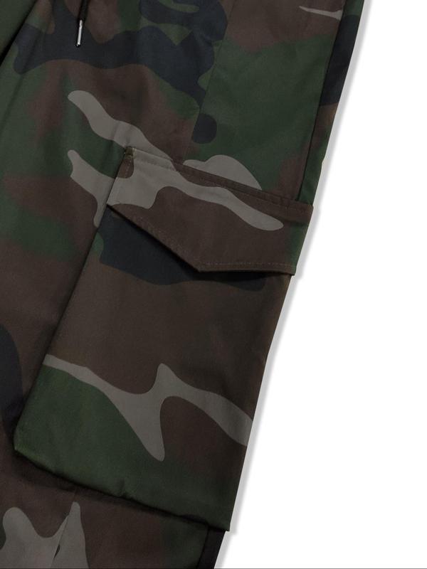 Men's Camo Print Drawstring Waist Split Hem Cargo Pants, Loose Street Fashion Flap Pocket Trousers, Mens Pants, Men's Summer Bottoms for Daily Wear