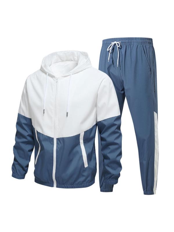 Men's Colorblock Zip Up Hoodie & Drawstring Waist Pants Two-piece Set, Regular Fit Casual Long Sleeve Hooded Sweatshirt & Pocket Trousers, Men's Fall & Winter Clothes