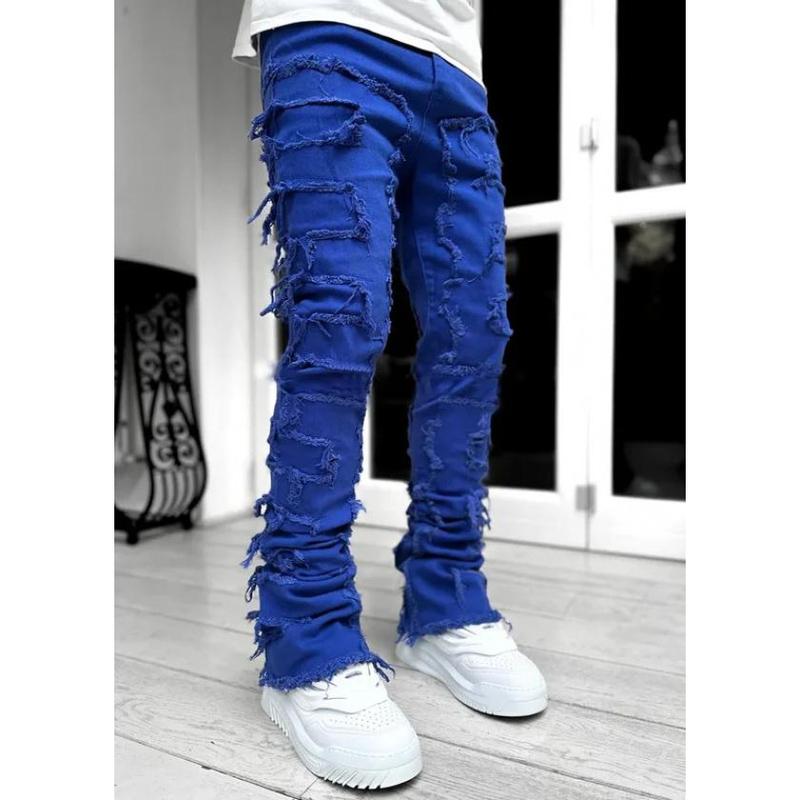 High Street White Men's Stacked Jeans Stretched Patchwork Tassel Damaged Denim Full Length Pants Hip-pop Trousers For Male