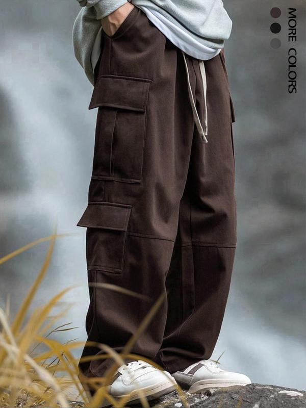 Men's Solid Pocket Cargo Pants, Loose Casual Street Fashion Drawstring Waist Trousers for Daily Wear, Men's Bottoms Work Pants Pro Clubs Sweatpants