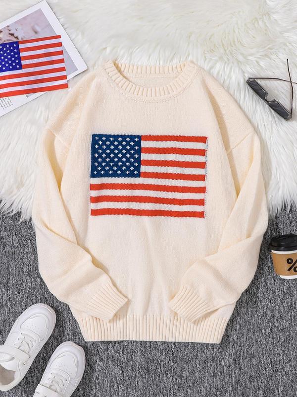 Men's Regular Fit American Flag Graphic Drop Shoulder Sweater, Casual Long Sleeve Round Neck Jumper for Spring & Fall, Fashion Men's Streetwear Knitwear for Daily Wear