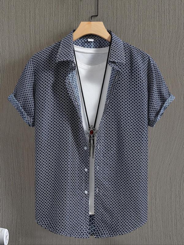 Men's Regular Fit All Over Print Button Front Shirt Without Tee & Necklace, Casual Short Sleeve Collared Top For Summer, Fashion Men's Clothes For Beach Vacation