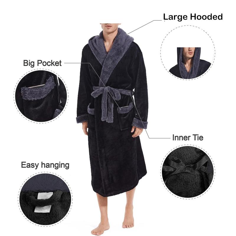 Mens Hooded Robe, Plush Long Bath robes Cozy Warm Bathrobe Fuzzy male Spa Robe With Pockets Menswear Gowns