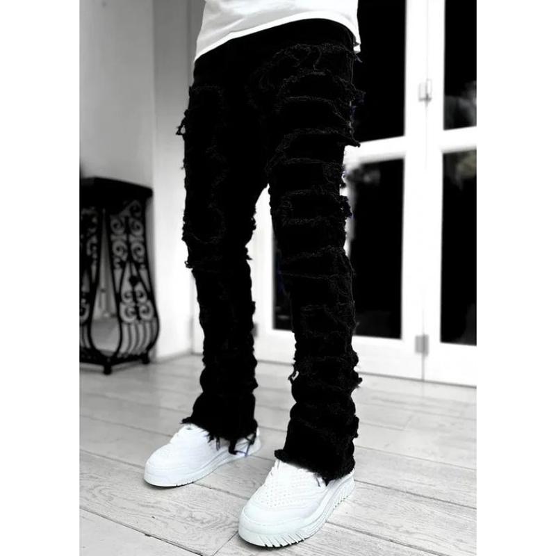 High Street White Men's Stacked Jeans Stretched Patchwork Tassel Damaged Denim Full Length Pants Hip-pop Trousers For Male