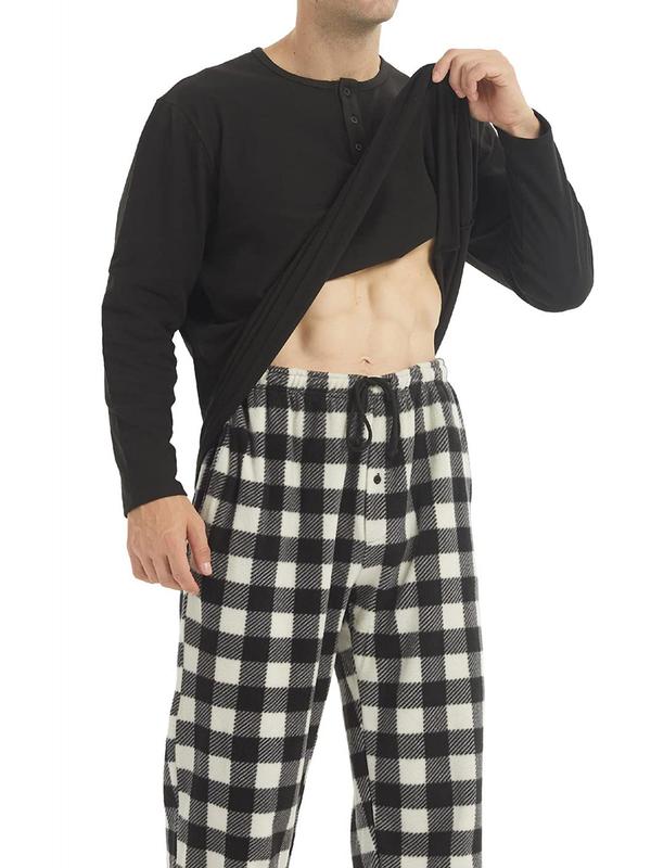 Two-Piece Set Men's Plain Button Front Top & Plaid Print Pants Pyjama Set, Regular Fit Casual Comfy Long Sleeve Top & Drawstring Pocket Trousers Pj Set, Men's Sleepwear for Spring & Fall