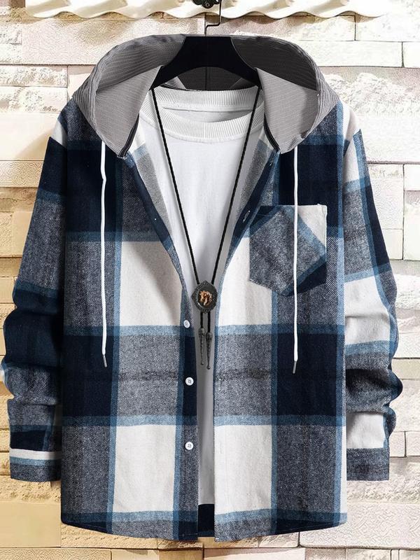 Men's Plaid Print Button Front Hooded Jacket, Regular Fit Casual Comfy Long Sleeve Flannel Jacket for Winter, Men's Clothes for Daily Wear