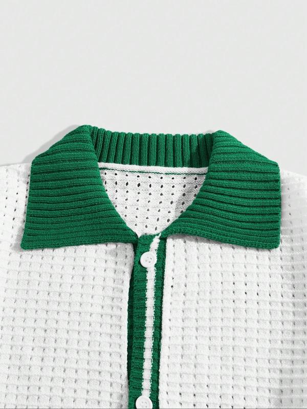 Men's Colorblock Contrast Binding Button Front Cardigan, Loose Casual Short Sleeve Collar Knitwear for Summer, Fashion Men's Knit Clothing for Daily Wear