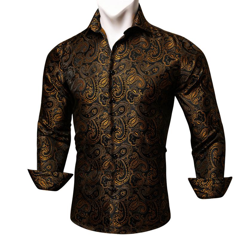 Self-Design Men's Paisley Floral Black Gold Color Long Sleeve Dress Shirt Luxury Formal Casual Printed Button Down Shirts Business Tops For Men