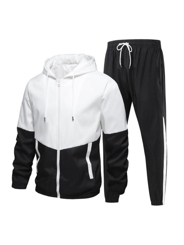 Men's Colorblock Zip Up Hoodie & Drawstring Waist Pants Two-piece Set, Regular Fit Casual Long Sleeve Hooded Sweatshirt & Pocket Trousers, Men's Fall & Winter Clothes