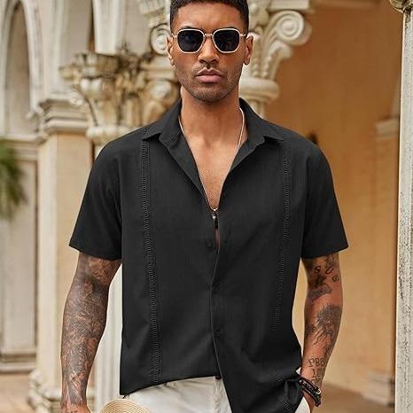 Coofandy men's button up shirt, loose pleated short sleeved casual shirt, Cuban style personalized shirt, summer daily slim fit comfortable stand up collar vacation casual shirt, classic linen soft top breathable daily form Menswear al shirt for men