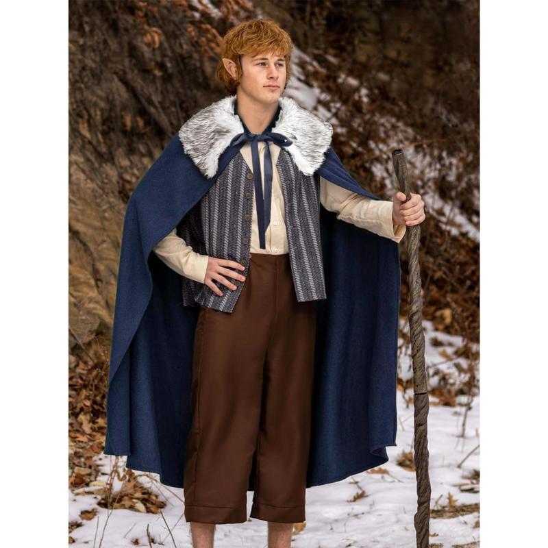 Medieval Hobbit Cloak Costume, Adjustable Length, with Artificial Fur Trim, Renaissance Craftsman Halloween Hooded Cloak, with Witch Pocket Cap,