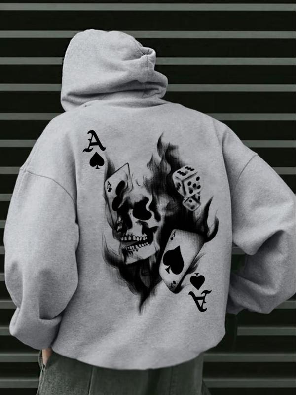 Men's Skull & Playing Card Print Drop Shoulder Drawstring Thermal Lined Hoodie, Fashion Casual Pocket Long Sleeve Hooded Sweatshirt for Daily Holiday Outdoor Wear, Men's Clothing for Fall & Winter