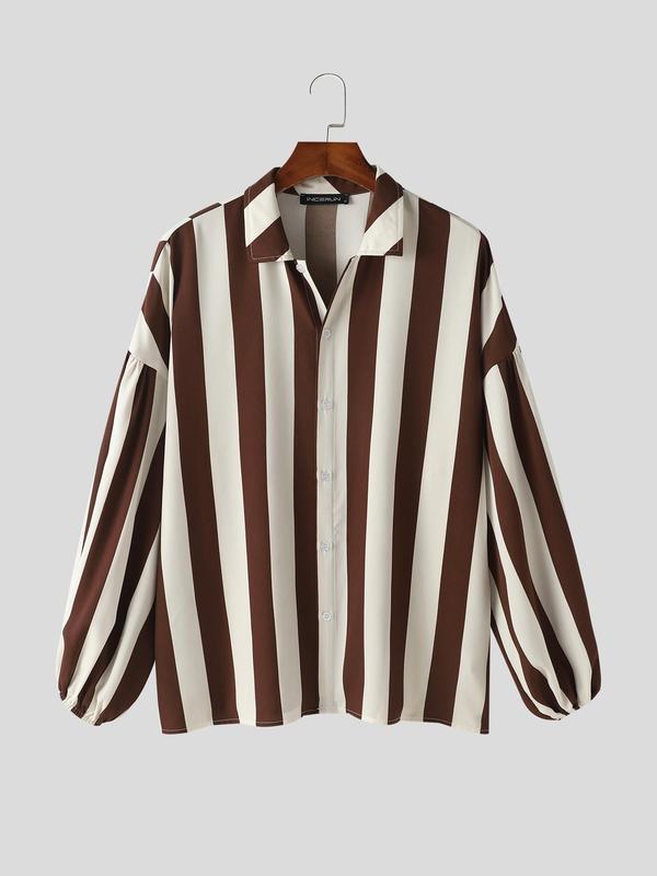 Men's Striped Print Button Front Shirt, Casual Loose Bishop Sleeve Collared Top for Summer, Fashion Men's Clothes for Daily Wear